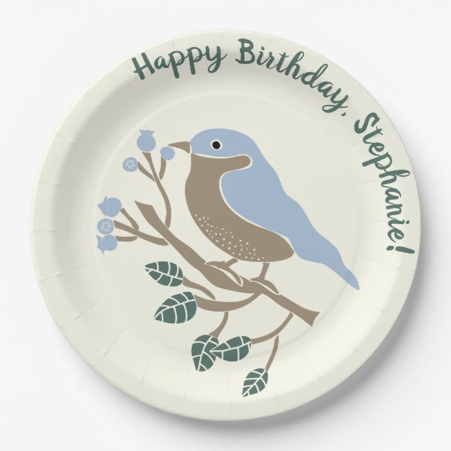Plato De Papel Cumpleaños personalizado de Bluebird y Blueberries (Anverso)