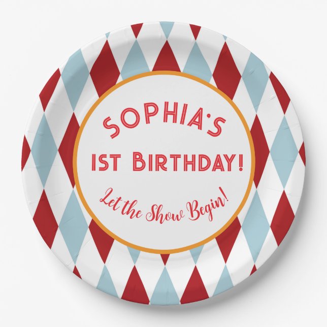 Plato De Papel Cumpleaños Personalizado de Circo (Anverso)