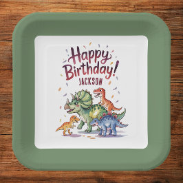 Plato De Papel Cumpleaños personalizado de dinosaurios para niños