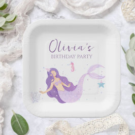 Plato De Papel Cumpleaños personalizado de las sirenas moradas