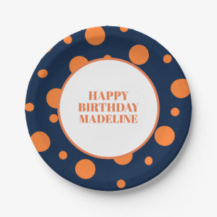 Plato De Papel Cumpleaños Personalizado de lunares naranja azul m