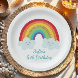 Plato De Papel Cumpleaños Personalizado de Niños Arcoíris con Nom