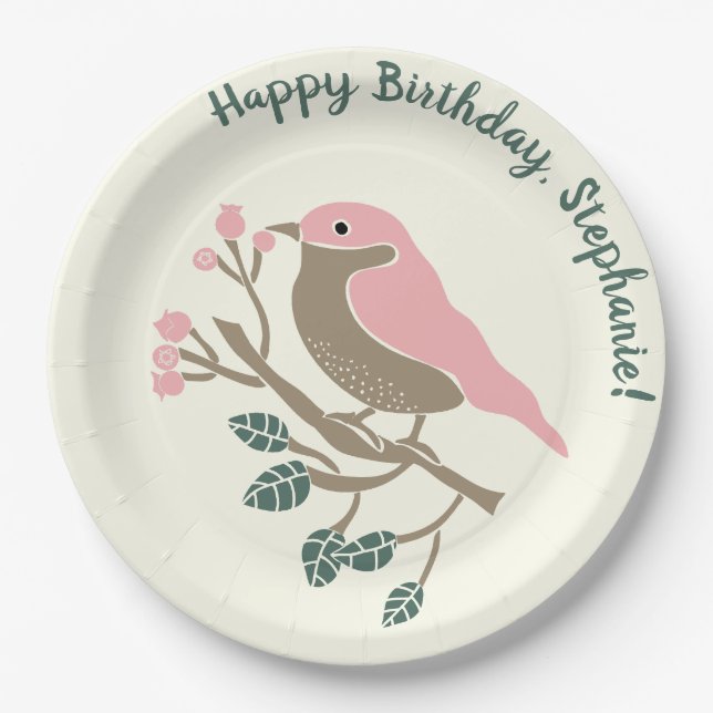 Plato De Papel Cumpleaños personalizado de Pájaro Rosado y Berrie (Anverso)