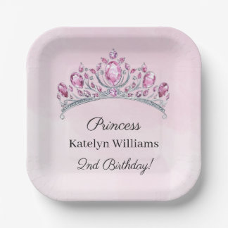Plato De Papel Cumpleaños personalizado de princesa acuarela rosa