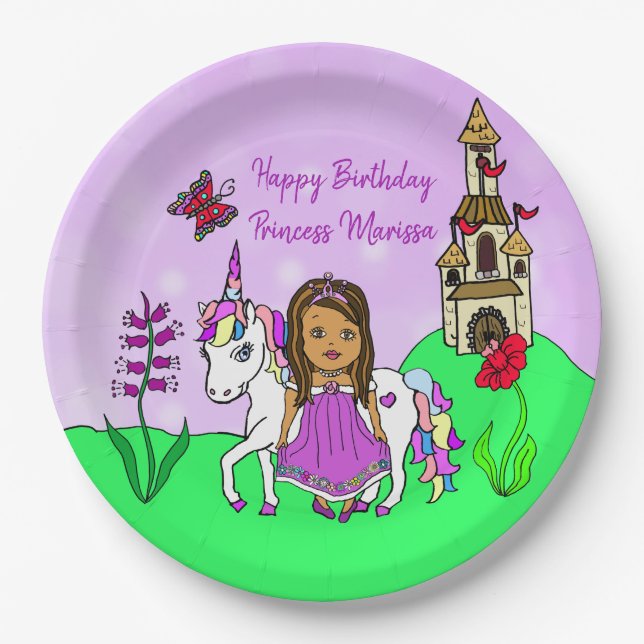 Plato De Papel Cumpleaños Personalizado de Princesa y Castillo de (Anverso)