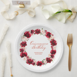 Plato De Papel Cumpleaños Personalizado de Quinceañera Rojo Rosa 
