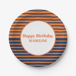 Plato De Papel Cumpleaños Personalizado de Rayas Naranjas y Azule