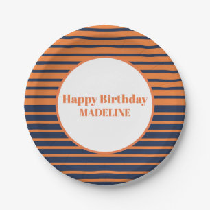 Plato De Papel Cumpleaños Personalizado de Rayas Naranjas y Azule