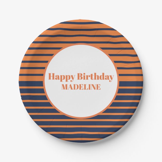 Plato De Papel Cumpleaños Personalizado de Rayas Naranjas y Azule (Anverso)