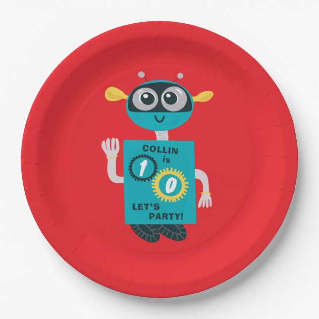 Plato De Papel Cumpleaños personalizado de robot genial para niño (Anverso)