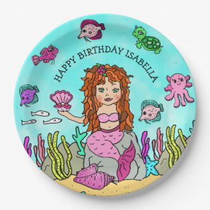 Plato De Papel Cumpleaños personalizado de sirena dibujada a mano