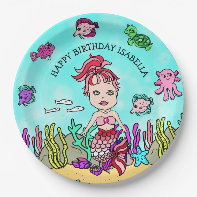 Plato De Papel Cumpleaños personalizado de sirena dibujado a mano (Anverso)