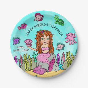 Plato De Papel Cumpleaños personalizado de sirena dibujado a mano