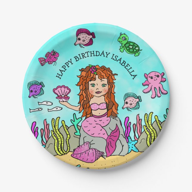 Plato De Papel Cumpleaños personalizado de sirena dibujado a mano (Anverso)