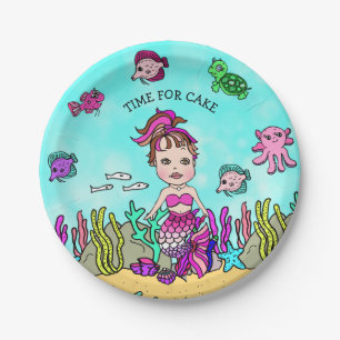 Plato De Papel Cumpleaños personalizado de sirena morena dibujada