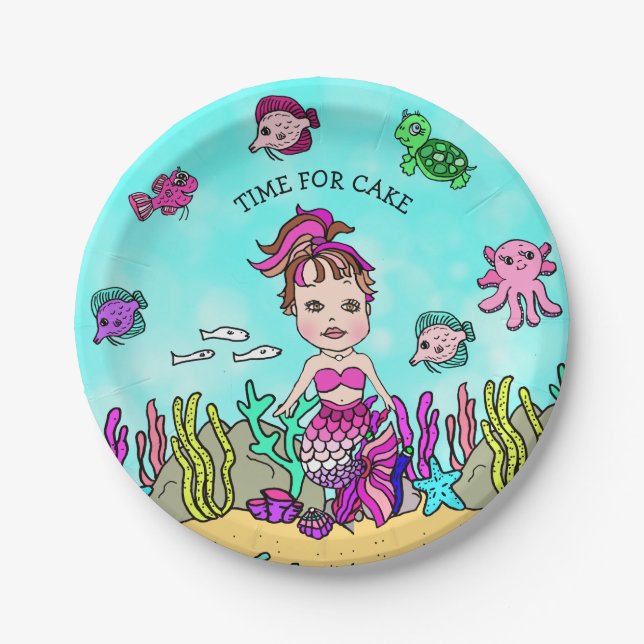 Plato De Papel Cumpleaños personalizado de sirena morena dibujada (Anverso)