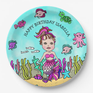 Plato De Papel Cumpleaños personalizado de sirena morena dibujado