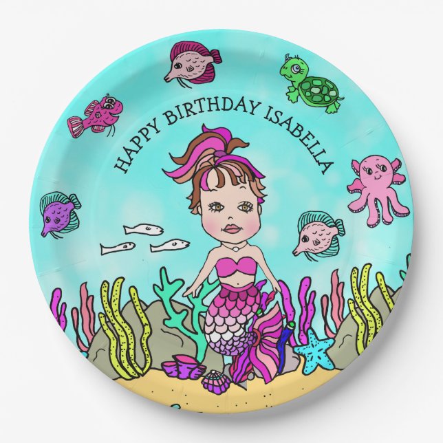 Plato De Papel Cumpleaños personalizado de sirena morena dibujado (Anverso)