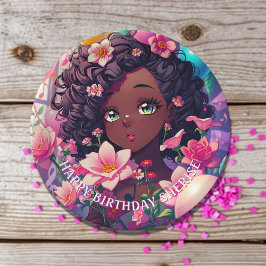 Plato De Papel Cumpleaños personalizado de un Chica de anime afro