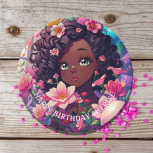 Plato De Papel Cumpleaños personalizado de un Chica de anime afro