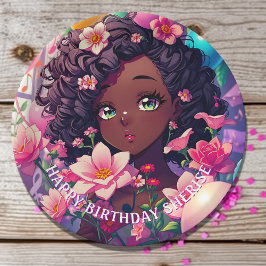 Plato De Papel Cumpleaños personalizado de un Chica de anime afro
