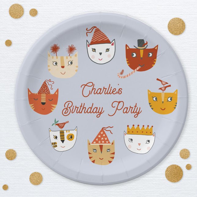 Plato De Papel Cumpleaños personalizado de un gato kitsch (Cute personalized kitty cat birthday paper plate)