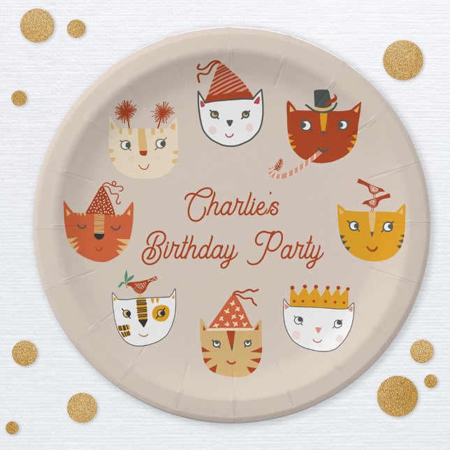 Plato De Papel Cumpleaños personalizado de un gato kitsch (Cute kitty cat personalized name birthday paper plates)