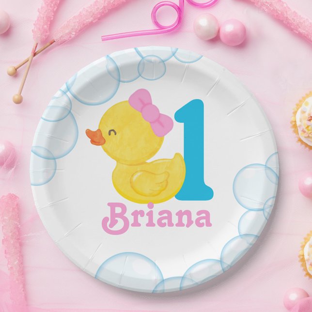Plato De Papel Cumpleaños personalizado del Chica blanco del pato (Girl Watercolor Rubber Duck Birthday Age Paper Plates)