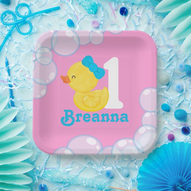 Plato De Papel Cumpleaños personalizado del Chica rosado del pato (Pink Girl Rubber Duck Personalized Birthday Paper Plates)