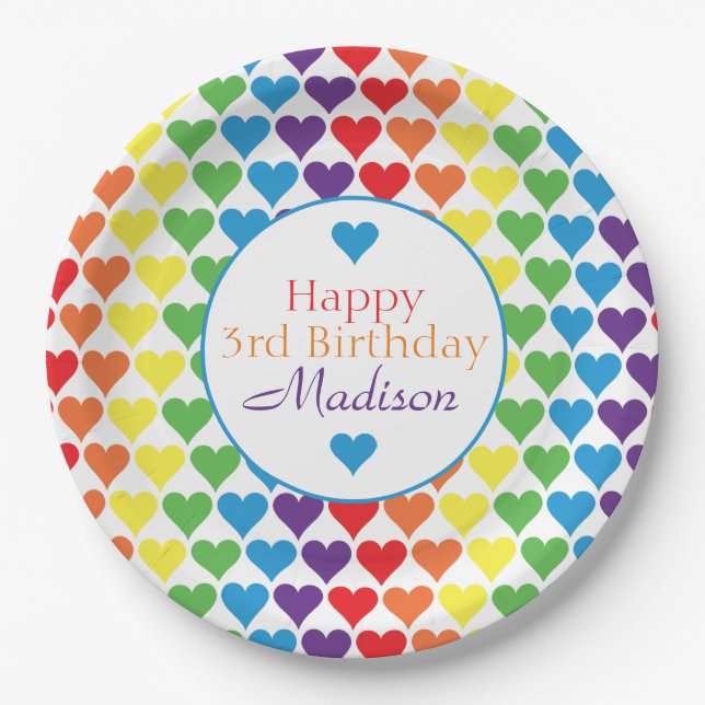 Plato De Papel Cumpleaños personalizado del corazón arcoiris (Anverso)