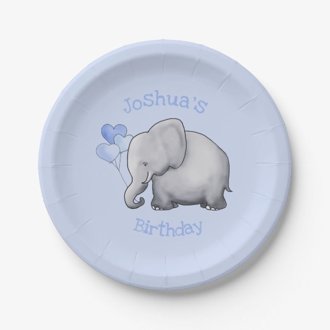 Plato De Papel Cumpleaños personalizado del niño de los elefantes (Anverso)