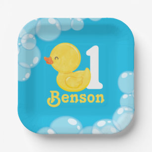 Plato De Papel Cumpleaños personalizado del pato azul de goma