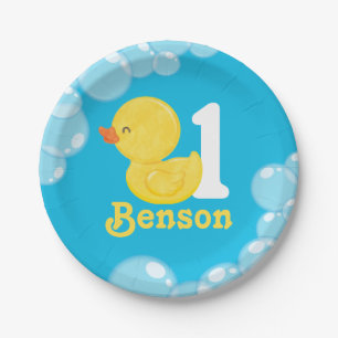 Plato De Papel Cumpleaños personalizado del pato azul de goma