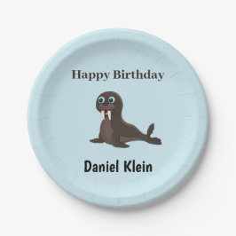 Plato De Papel Cumpleaños personalizado foca gris adorable azul