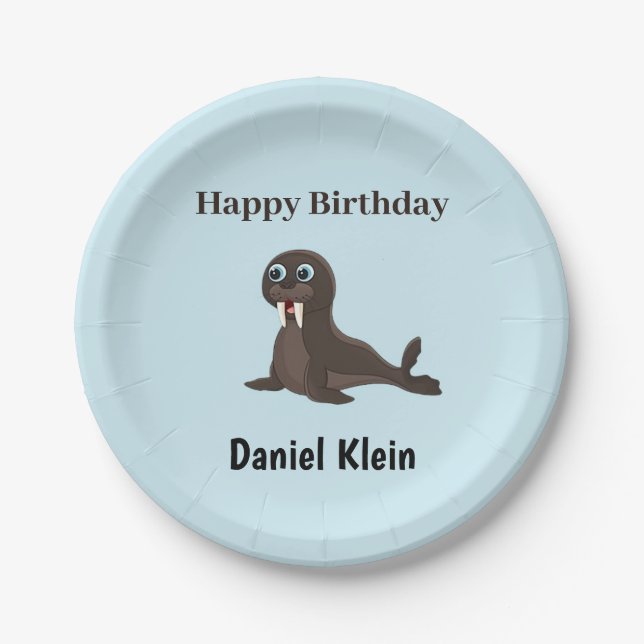Plato De Papel Cumpleaños personalizado foca gris adorable azul (Anverso)