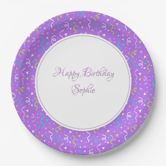 Plato De Papel Cumpleaños Personalizado Morado (Anverso)