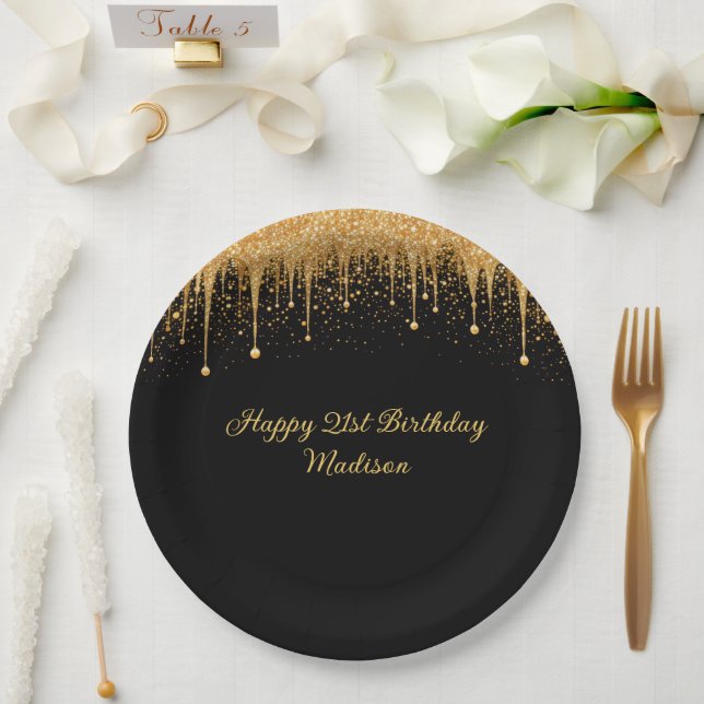 Plato De Papel Cumpleaños Personalizado Negro Dorado con Glitter  (Boda)