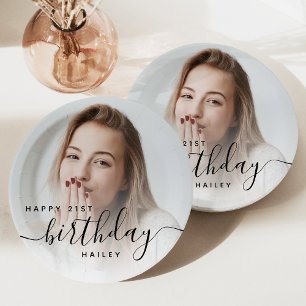 Plato De Papel Cumpleaños personalizado número 21 con foto y letr