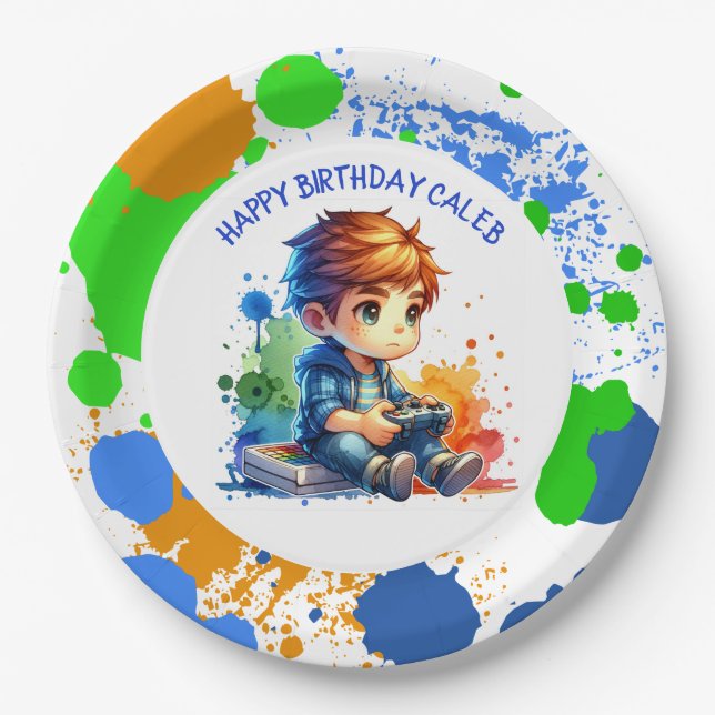 Plato De Papel Cumpleaños personalizado para niños que juegan vid (Anverso)