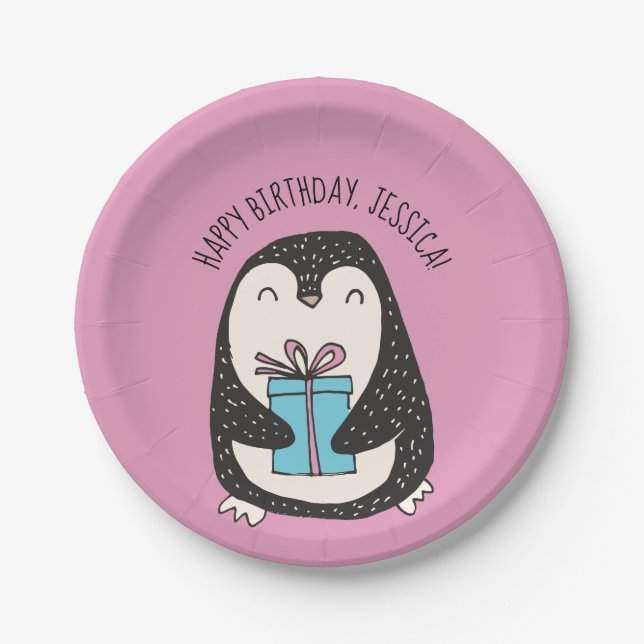 Plato De Papel Cumpleaños personalizado pingüino (Anverso)