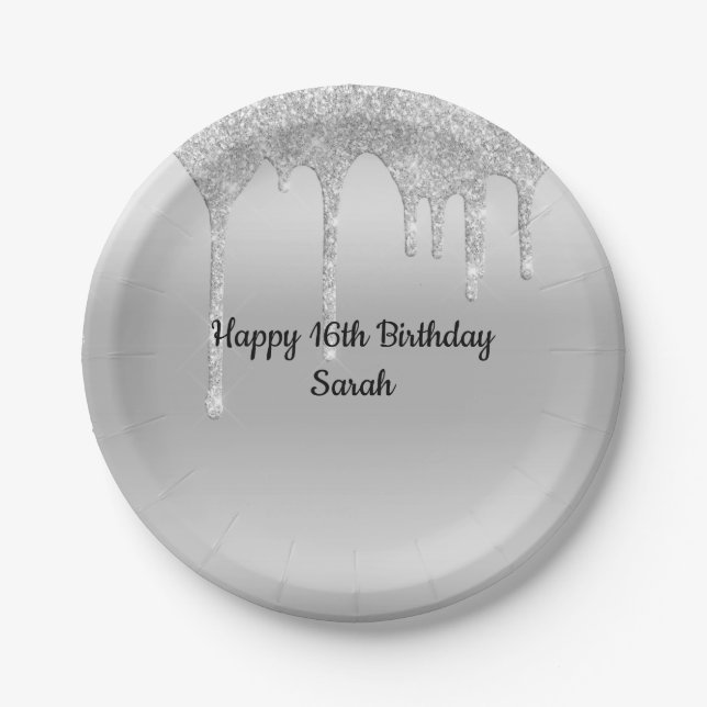 Plato De Papel Cumpleaños Personalizado Plateado con Brillo (Anverso)
