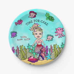 Plato De Papel Cumpleaños personalizado rosa púrpura rubio Sirena