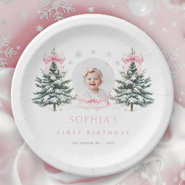 Plato De Papel Cumpleaños Pink Bow Winter Onederland