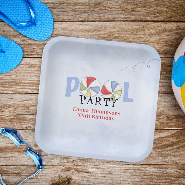 Plato De Papel Cumpleaños Piscina de verano suntuosa Fiesta Bolas (Summer Birthday Pool Party Custom Paper Plates)