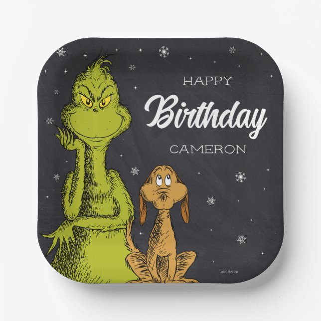 Plato De Papel Cumpleaños Pizarra del Grinch (Anverso)