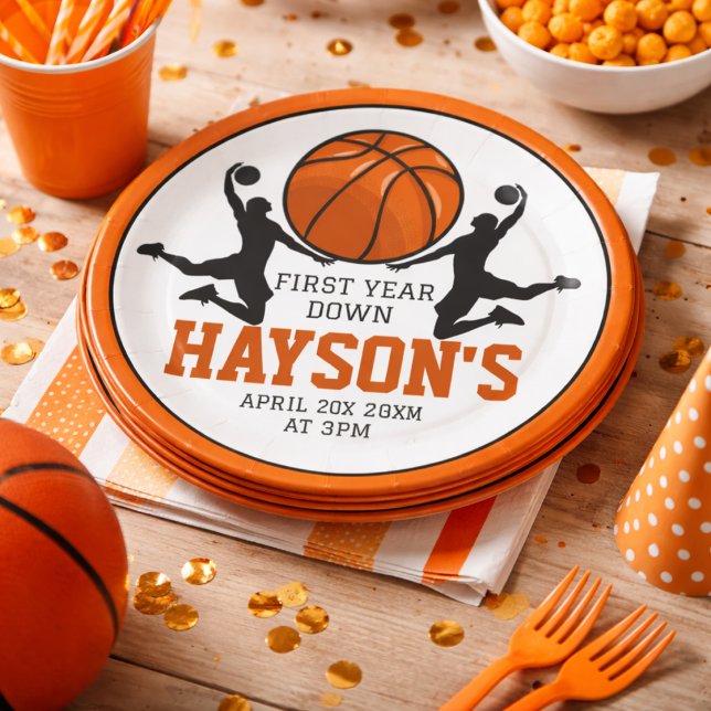 Plato De Papel Cumpleaños primer año Down 1er Baloncesto (Basketball First Year Down 1st Birthday Paper Plates)