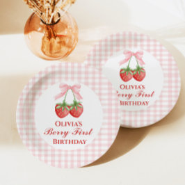 Plato De Papel Cumpleaños primera fresa lazo rosa Gingham de Berr