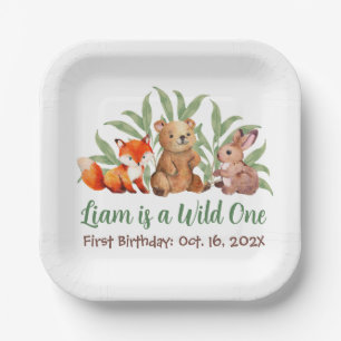 Plato De Papel Cumpleaños Primero Bosque Animales Vegetación Uno