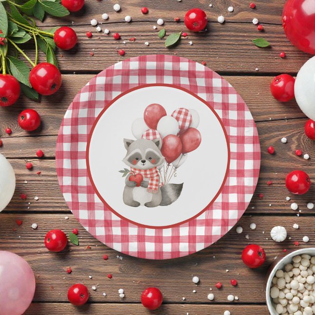 Plato De Papel Cumpleaños primero de cereza de gingham rojo del b (Subido por el creador)