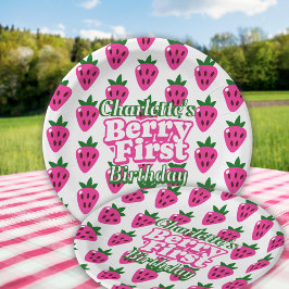 Plato De Papel Cumpleaños primero de Fresa Rosa